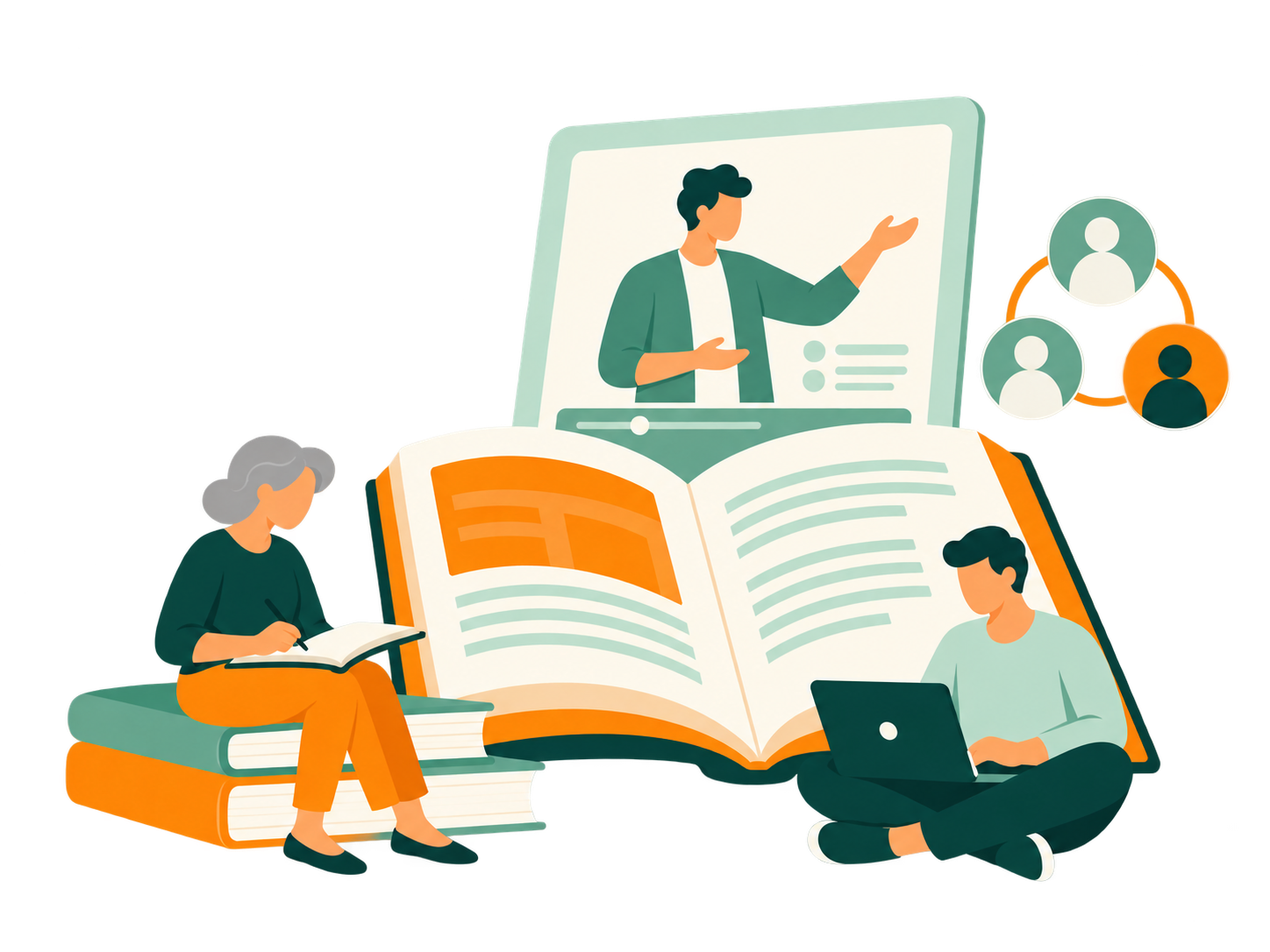 Ilustração de formação nos cuidados: livro aberto, formador num recurso digital, adultos a aprender e uma rede de pessoas interligadas